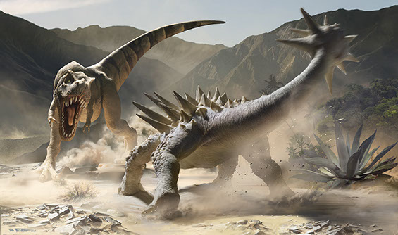 Natural history illustration of the battle between two giant dinosaurs from the Cretaceous Period: a tyrannosaurus rex and an ankylosaurus.